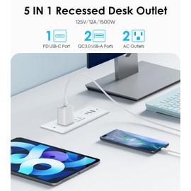Recessed Power Strip, PD 20W USB C Fast Charging Power Outlet, Plug in 2AC Outlets & 2 USB-A Ports &1 USB-C Port, Connect Flat Plug 10ft Extension Cord