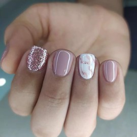 ANDGING Pink Press on Nails Square Short Fake Nails with Glitter White Marble Design Acrylic Gel Glue on Nails for Women Cute False Nails with Glue Stick on Nails for Wedding Birthday 24Pcs KRT288