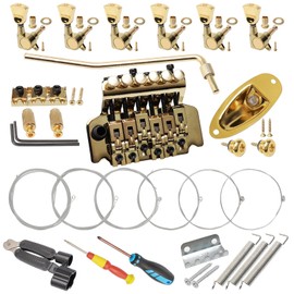 Swhmc Gold Guitar Tremolo Bridge with Bar Double Strat Locking for Floyd Rose Type and 6R Sealed Gear Tuning Pegs Keys Machine Head,6 Guitar Strings,1/4 Inches Guitar Jack,Guitar Strap Buckle