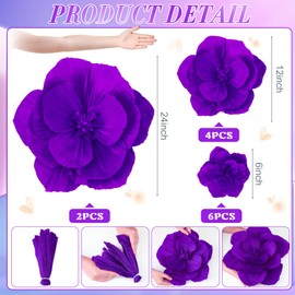 Humyoun Giant Paper Flowers Artificial Paper Flower Decorations for Wedding Graduation Bridal Shower Birthday Handcrafted Wall Backdrop Table Centerpieces Party Supplies(Purple,12 Pcs)