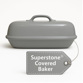 Sassafras Superstone® Covered Bread Baker with Lid - Grey Glazed Exterior and Unglazed Interior Stoneware Bakeware - Bakes an Artisan Italian Bread with Crusty Crust and a Light Crumb