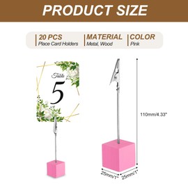 PATIKIL Place Card Holder, 20Pcs Memo Clip Holder Stand with Alligator Clasp Table Number Holders Wooden Base for Pictures Note Card Paper, Pink