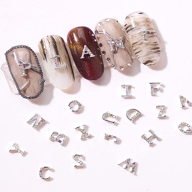 Letters Nail Art Decorations, Alloy Alphabet Nail Glitter Design, 26 Letter A-Z Nail Rivet, Metal Letter Nail Rhinestone for Women Girls Manicure Decoration, DIY Jewelry Making Craft Supplies(Silver)