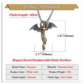 Xusamss Punk Titanium Steel Dragon Sword Wing Pendant Necklaces (White Gold)