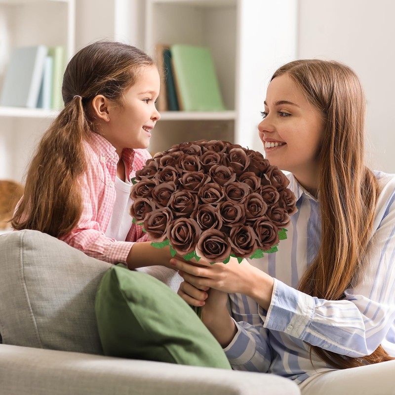 36 Pcs Chocolate Artificial Roses with Long Stems