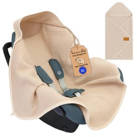 Leanbe Swaddling Blanket Made of Waffle Fabric for Summer 100% Cotton Baby Blanket for Car Seat Cuddly Blanket Pram Blanket for Pushchairs Buggies 3 Point Strap (Beige)