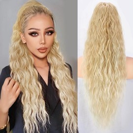 HIUSVO Ponytail Extension Claw 30 Inch Curly Pony Tail Clip in Claw Hair Extensions Fluffy Natural Looking Synthetic Hairpiece for Women - Color: Dirty Blonde Mix Blonde