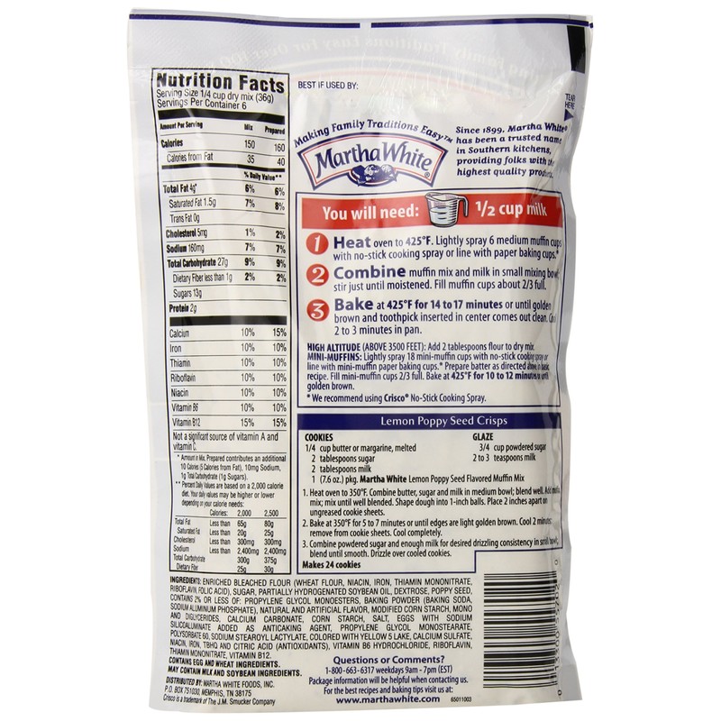Martha White Lemon Poppy Seed Muffin Mix, 7.6-Ounce (Pack of