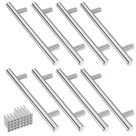 Mesybveo Pack of 8 Stainless Steel Kitchen Handles, Silver, Handles for Kitchen Cabinets, Door Handles, Silver, 128 mm Hole Spacing, Drawer Handles with 32 Screws, Round Design, Furniture Handles for