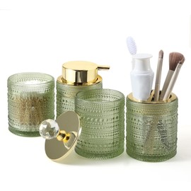DASITON Bathroom Accessories Set,4Pcs Glass Bathroom Counter Set with Foaming Soap Dispenser,Toothbrush Holder,Bathroom Tumbler,Cotton Swab Jars, for Vanity Bathroom Decor(Green A)