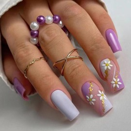Purple Press on Nails Flower Fake Nails Short Square False Nails with Design Gold Glitter Glue on Nails Glossy Acrylic Full Cover Spring Stick on Nails for Women Girls Manicure 24Pcs