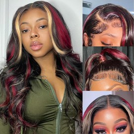 Black Red Blonde Highlight Wig Human Hair 13X4 Lace Front Wigs Human Hair Pre Plucked 180% Density Body Wave HD Lace Frontal Wig Blonde Red Highlight Glueless Colored Human Hair Wig for Women 26 Inch