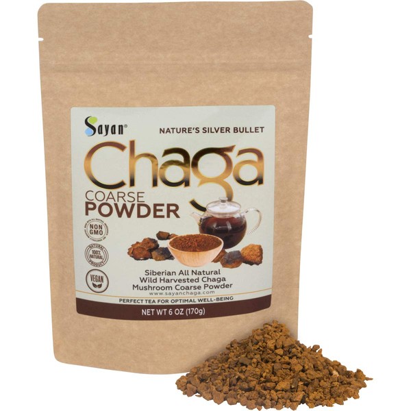 Sayan Siberian Raw Ground Chaga Powder 6 Oz (170g), Wild Forest Mushroom Tea, Powerful Adaptogen Antioxidant Supplement, Support for Immune System and Digestive Health