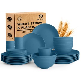 BUSOKIP Wheat Straw Dishes Set 40 PCS, Unbreakable Dinnerware Set of 8 - Dinner Plates, Cereal Bowls, Water Cup, Lightweight, Reusable, Microwave & Dishwasher Safe Bowls for Kitchen and Outdoor - Blue