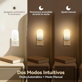 2 Lámparas de Noche con Sensor de Luz, Detecta Automáticamente el Día y la Noche, Luz LED Nocturna Enchufable, Cinco Niveles de Brillo Ajustables, par