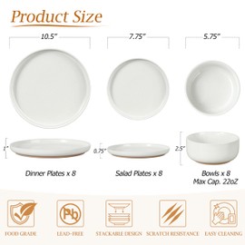 LIANYU 24 Piece Dinnerware Sets for 8, Stoneware Dinner Dishes for Kitchen Dining, Elegant Plates and Bowls Sets, Safe & Healthy Clay, Oven & Dishwasher Safe, Snowy White