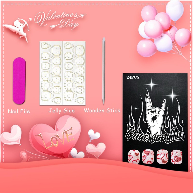 Romantic Press on Nails Short Square Fake Nails Red Glitter