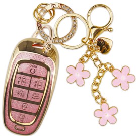 Yekoubo White TPU Key Fob Cover with Sakura Flower Keychain Compatible with Hyundai Sonata 2020-2023,Santa Fe 2021-2023,Tucson 2022-2024,Nexo 2019-2023,Palisade 7-Button Smart Key for Women