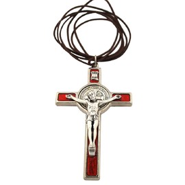 3" Colored Enamel St. Benedict Crucifix with Round St. Benedict Medal, Cord, and Booklet (Silver-tone w/ red enamel)