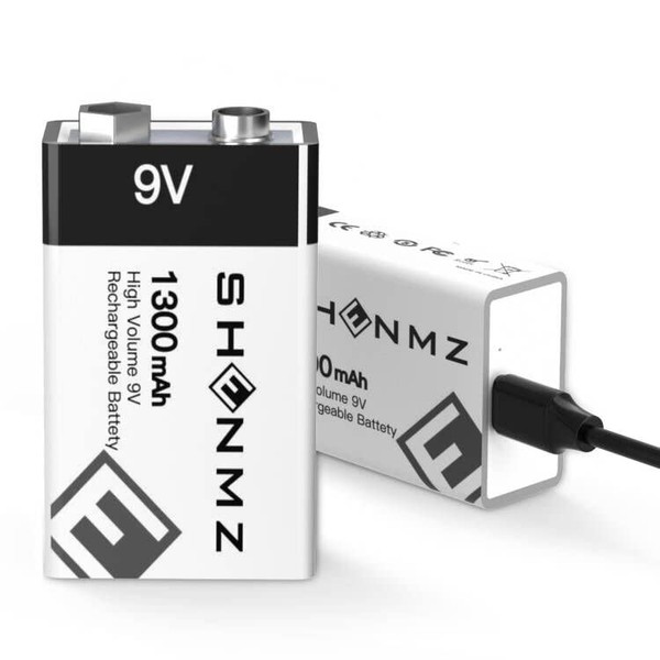 SHENMZ Rechargeable 9V Batteries, 9V Battery 9Volt 1300mAh Long Lasting All-Purpose with 2-in1 USB Charging Cable (2 Packs)