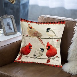 Smilyard Cardinal Birds Throw Pillow Covers Red Christmas Bird Farmhouse Pillow Cover 18x18 Inch Cotton Linen Adorable Animals Pillow Cases Xmas Outdoor Pillows Sofa Couch Decoration (Birds)