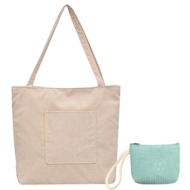 TYXHXTF Corduroy Tote Bag for Women, Large Capacity Shoulder Bags with Zipper and Pockets, Casual Handbags for School Work Shopping Travel Daily Use (Khaki)