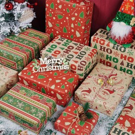 Christmas Wrapping Paper Sheets, 12 Sheets Christmas Kraft Wrapping Paper Set, Santa Claus Xmas Tree Christmas Wrapping Paper, Vintage Xmas Wrapping Paper for Christmas New Year Holiday, 50cm x 70cm