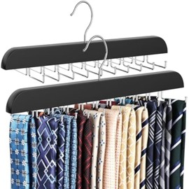 RESOVO Upgraded Tie Rack Hanger with 20 Foldable Metal Hooks, Space Saving Necktie Organizer for Men – Large Capacity Tie and Belt Wooden Hanger for Closet - Black 2 Pack