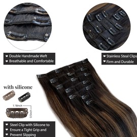 Clip In Hair Extensions Double Weft Dark Roots Brown Highlights Balayage Human Hair Extensions 14 Inch Clip On Extensions Silky Straight 7 Pieces 100g Full End #1BT6P1B