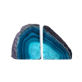 AMOYSTONE Teal Agate Geode Bookends, Unique Natural Crystal Book Holder 2-3 LBS with Rubber Bumpers, Sujetalibros for Small Books and Kitchen Cookbooks, Stylish and Functional