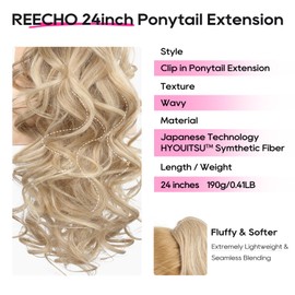 REECHO Ponytail Extension, 24" Claw Clip in Long Curly Wavy Ponytail Hair Extension Jaw Clip on Pony Tails Hairpiece for Women - Medium Blonde with Pale Highlights