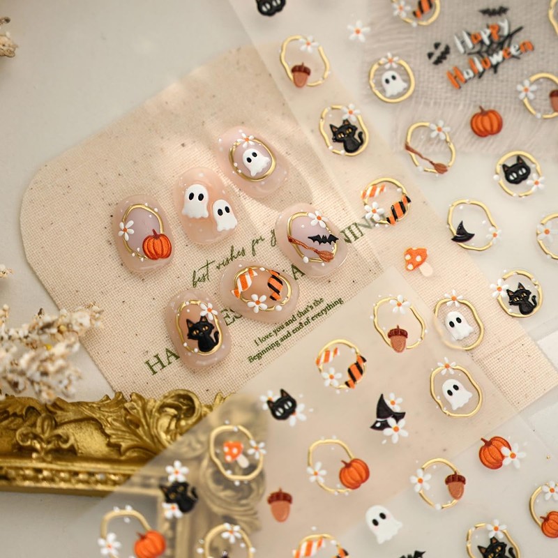 Halloween Nail Stickers, Cute Ghost Black Cat Pumpkin Nail Art