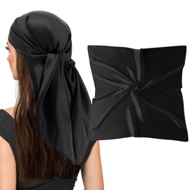 vimate Black Silk Scarf, 35'' Square Soild Satin Headband Neckerchief Scarf for Hair Wrapping at Night (Black)