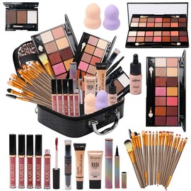 All in One Makeup Kit for Makeup storage bag 2X14 Colors Eyeshadow Palette Liquid Foundation Eyeliner Pencils Contouring Stick Lip Gloss 20Pcs Brushes For Women Girls Teens - Color: pink