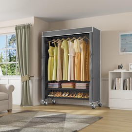 VIPEK R1C Plus Garment Rack Rolling Clothes Rack with Locking Wheels, Heavy Duty Clothing Rack Portable Closet with Adjustable Shelves & Side Hooks, Black Rack with Grey Upgraded Polyester Cover