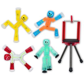 Zing Stikbot 4 Pack with Tripod, Set of 4 Stikbot Collectable Action Figures and Mobile Phone Tripod, Create Stop Motion Animation