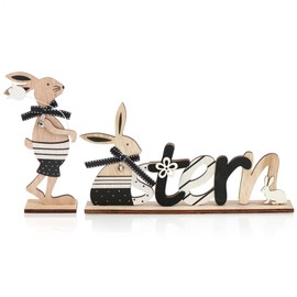 com-four Set of 2 Wooden Easter Decorations, Stand with Lettering and Easter Bunny, Wooden Decoration for Easter to Stand Up (2 Pieces, Light Brown)