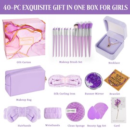 Tender 40-Piece Makeup Gift Set with Cosmetic Tools, Jewelry & Gold Accents - Perfect Birthday, Valentine's Day Gift for Women, Teens, Girlfriend (Purple)