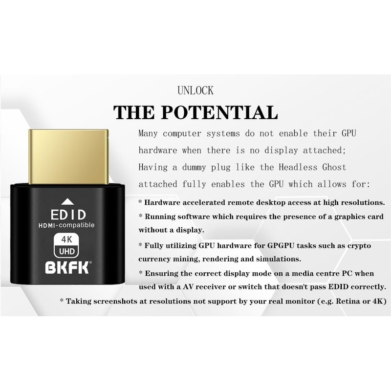 BKFK HDMI Dummy Plug 4K HDR,Virtual Monitor EDID Emulator, Headless