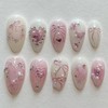 24PCS Pink Press on Nails with 3D Bowknot, Floral &