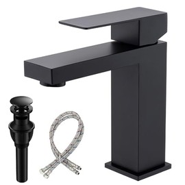 Matte Black Bathroom Faucet, Modern Single Handle Square Bathroom Sink Faucet with Pop Up Drain Assembly, Stainless Steel Vanity Bathroom Faucets, Single Hole Deck Mount,BF011B