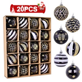 SVNVIOZ Christmas Ball Ornaments, Nordic Style, Set of 20, 2.4 inches (6 cm), Gold, Black, White, Ball, Christmas Tree Decoration, Luxurious, Various Types, Stylish Decoration