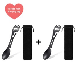 10-In-1 Stainless Steel Portable Camping Spork with Spoon, Fork, Can Opener, Serrated Knife, Wrench, for Outdoor Hiking, Picnic, Backpacking & Travel - Color: Black-2PK