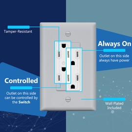 Lider Flexiports Decorator Receptacle, Residential Grade, UL Listed, Tamper-Resistant Wall Outlet, Plug Load Control/Always-On Electrical Outlet, Matte Finish, 15A 125V, White, Wall Plate Included