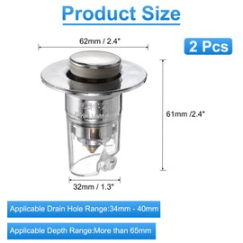 sourcing map 2 Pcs Bathroom Sink Stopper Push Type Sink Drain Strainer with ABS Filter Basket Hair Catcher Fit for 1.3"-1.6" 2.6" Depth Bathroom Kitchen Sink Drain Hole Silver