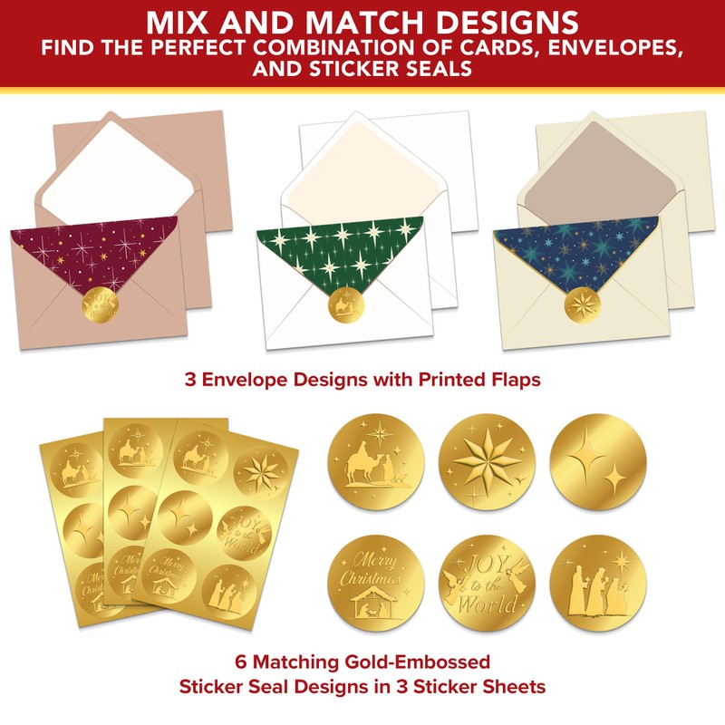 Decorably 18 Pack Gold Foiled Embossed Religious Christmas Cards with