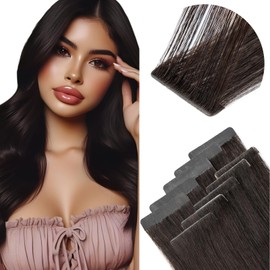 Elailite Invisible Injection Tape in Hair Extensions Human Hair - Skin Weft Remy Natural Real Hair Extension Straight 10 Pcs 25g - #1B Natural Black - 18 Inch