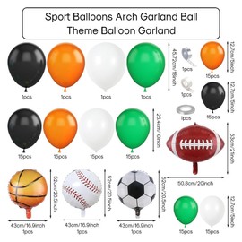 Sport Theme Balloons Arch Kit,Black Orange Green White Latex Balloons with Football Baseball Rugby Basketball Foil Balloons for Party