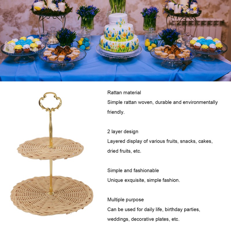 2 Tier Rattan Serving Standing Trays Round Woven Bread Fruit