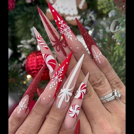 Christmas Press on Nails Long Stiletto MABKJLF Red French Tip Fake Nails False Nails with Designs Glitter Snowflake Bow Cane Candy Matte Glue on Nails Acrylic Nails for Women Girls 24 Pcs